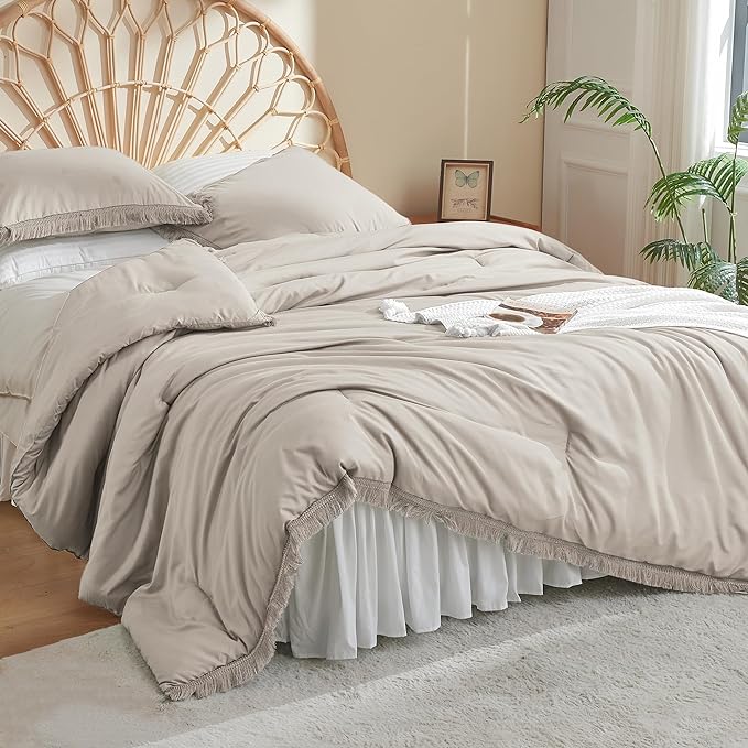 Litanika Linen Grey Comforter Queen Set, Boho Tassel Comforter Aesthetic 3 Pieces, Lightweight Fringe Microfiber Bedding Set for All Season(1 Comforter 90x90 inch, 2 Pillowcases) - LeafyLoom