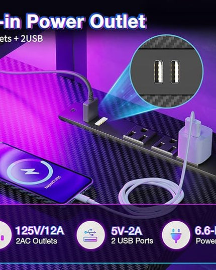 MOTPK Gaming Desk with Led Lights & Power Outlet, 47 Inch Gaming Computer Desk with Shelves, Reversible Gamer Desk Table with Adjustable Monitor Stand & Headphone Hook, Carbon Fiber Texture, Black - LeafyLoom