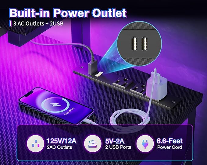 MOTPK Gaming Desk with Led Lights & Power Outlet, 47 Inch Gaming Computer Desk with Shelves, Reversible Gamer Desk Table with Adjustable Monitor Stand & Headphone Hook, Carbon Fiber Texture, Black - LeafyLoom