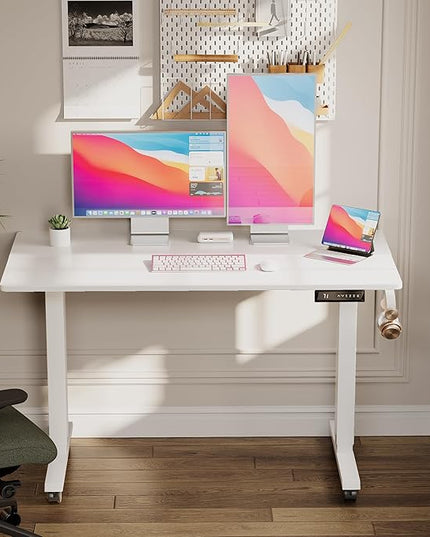 Electric Standing Desk 48 Inch, Ergonomic Height Adjustable Table with T-Shaped Metal Bracket Modern Computer Workstations for Home Office, White - LeafyLoom