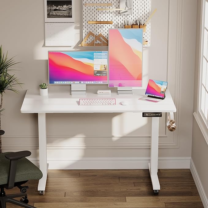 Electric Standing Desk 48 Inch, Ergonomic Height Adjustable Table with T-Shaped Metal Bracket Modern Computer Workstations for Home Office, White - LeafyLoom