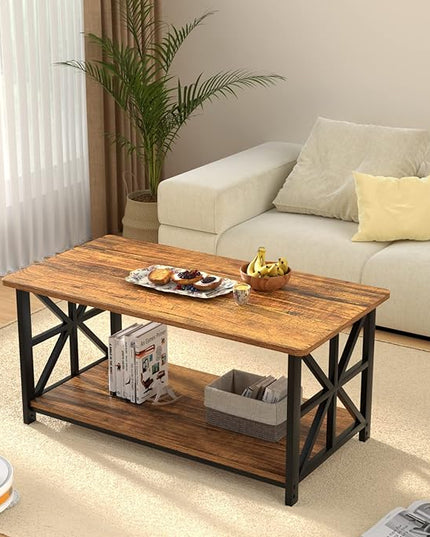 GreenForest Coffee Table with Round Corner, Farmhouse Center Table with 2-Tier Storage Shelf X-Frame Design for Living Room, 39 inch Walnut - LeafyLoom