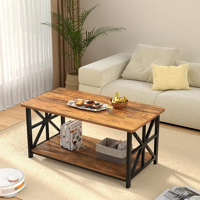GreenForest Coffee Table with Round Corner, Farmhouse Center Table with 2-Tier Storage Shelf X-Frame Design for Living Room, 39 inch Walnut - LeafyLoom