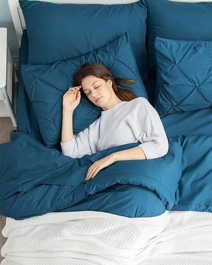 Bedsure Twin Comforter Set with Sheets - 5 Pieces Twin Bedding Sets, Pinch Pleat Teal Blue Twin Bed in a Bag with Comforter, Sheets, Pillowcase & Sham - LeafyLoom