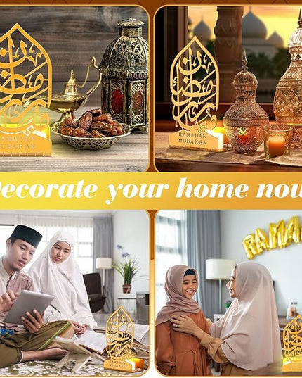 Eid Crafts Night Light 3D Metal Ramadan Eid Mubarak Ornaments Ramadan Decorations Ramadan Table Decor Ramadan Mubarak Light with 2 LED Candles for Home Eid Party Supplies (Vintage) - LeafyLoom