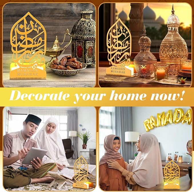 Eid Crafts Night Light 3D Metal Ramadan Eid Mubarak Ornaments Ramadan Decorations Ramadan Table Decor Ramadan Mubarak Light with 2 LED Candles for Home Eid Party Supplies (Vintage) - LeafyLoom