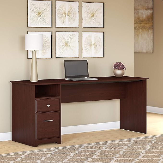 Bush Furniture Cabot Desks for Home Office with Storage and Chrome Hardware | Elegant Computer Table with Drawers, 72W, Harvest Cherry - LeafyLoom