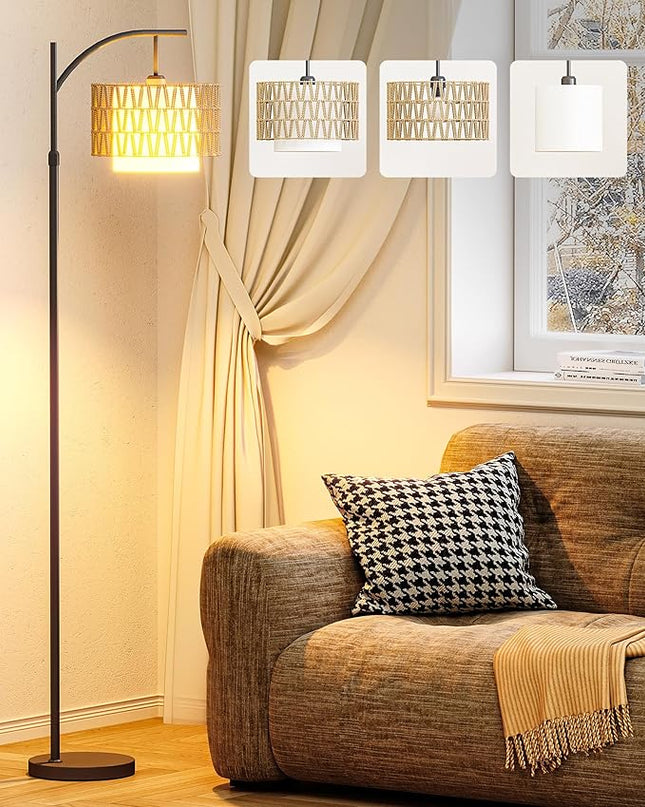 Boho Arc Rattan Floor Lamp with Remote Control - Tall Standing Lamp for Living Room, Mid Century Farmhouse Floor Lamp, Adjustable Height and 360° Rotation for Bedroom, Study Room - LeafyLoom