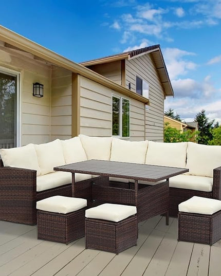 Solaste 7 Piece Patio Furniture Set, All Weather Wicker Patio Conversation Sets with Cushion Seat & Pillows, Outdoor Dining Set, Patio Furniture Outdoor Sectional, Brown - LeafyLoom