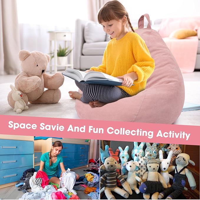 2 Pcs 100L Stuffed Animal Storage Bean Bag Chair Cover (No Filler) for Kids Soft Corduroy Stuffable Bean Bag Zipper for Organizing Children Plush Toys(Pink) - LeafyLoom