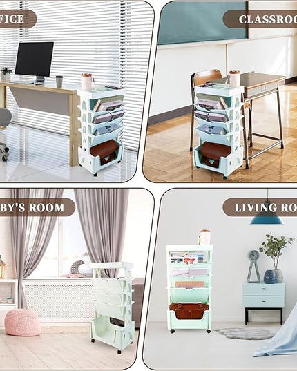 5 Tier Book Rack Storage Bookshelf, Removable Movable Unique Bookcase, Mobile Bookshelf with Wheels Utility Organizer Bookshelves for Kids Children Students Study in Bedroom Living Room School (Green) - LeafyLoom