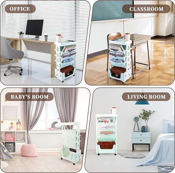 5 Tier Book Rack Storage Bookshelf, Removable Movable Unique Bookcase, Mobile Bookshelf with Wheels Utility Organizer Bookshelves for Kids Children Students Study in Bedroom Living Room School (Green) - LeafyLoom