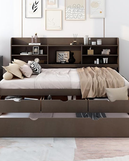 Wooden Full Size Captain Bed with Built-in Bookshelves, Full Daybed Frame with 3 Storage Drawers and Trundle, Antique Gray - LeafyLoom
