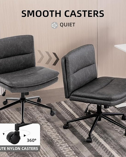 Armless Office Chair with Wheels Wide Desk Chair Leather Mid Back Accent Chair Padded Swivel Vanity Chair for Girl Women Computer Task Chair for Home Office (Leather, Dark Gray/Gray) - LeafyLoom