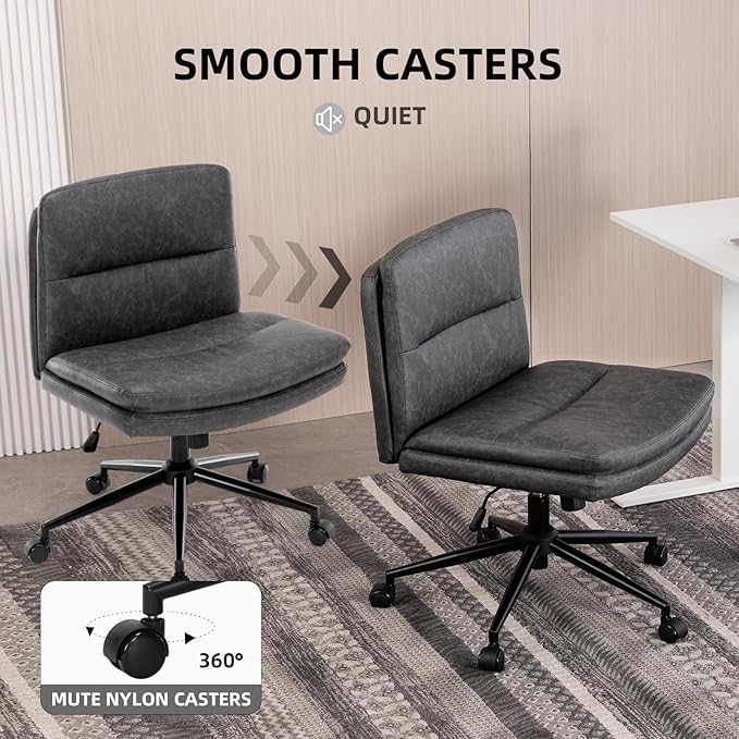 Armless Office Chair with Wheels Wide Desk Chair Leather Mid Back Accent Chair Padded Swivel Vanity Chair for Girl Women Computer Task Chair for Home Office (Leather, Dark Gray/Gray) - LeafyLoom