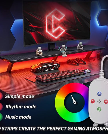 CubiCubi Aurora Gaming Desk with LED Lights & Power Outlets, 40 Inch L Shaped Carbon Fiber Surface Desk with Storage Shelves, Small Corner Computer Desk with Monitor Shelf, Gamer Desk PC Table, Black - LeafyLoom