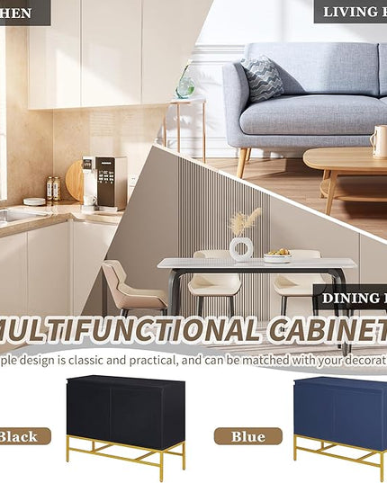 39.4" Minimalist & Luxury Two Door Sideboard with Gold Metal Legs,Freestandin Storage Buffet Cabinet,w/Adjustable Shelves,for Living, Dining Room,Entrance Passage,Navy - LeafyLoom