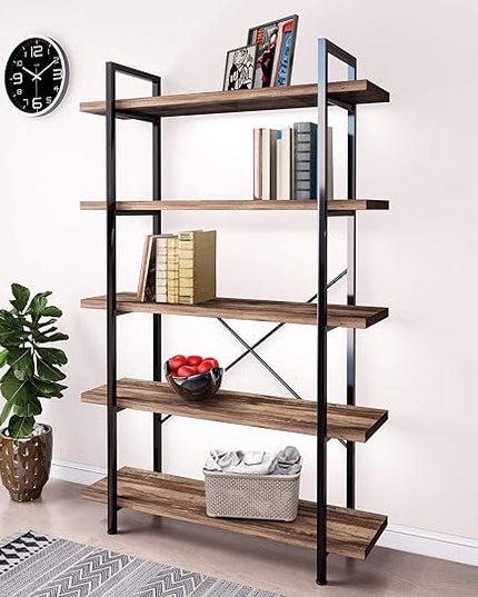 45MinST 5-Tier Vintage Industrial Style Bookcase/Metal and Wood Bookshelf Furniture for Collection,Vintage Brown, 3/4/5 Tier (5-Tier) - LeafyLoom