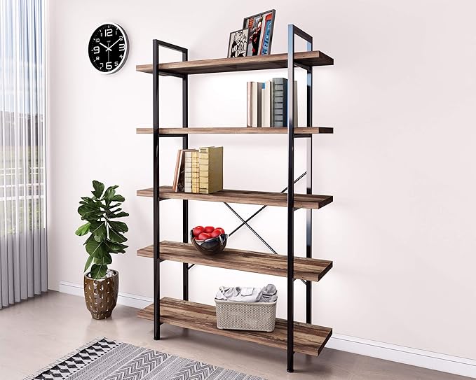 45MinST 5-Tier Vintage Industrial Style Bookcase/Metal and Wood Bookshelf Furniture for Collection,Vintage Brown, 3/4/5 Tier (5-Tier) - LeafyLoom