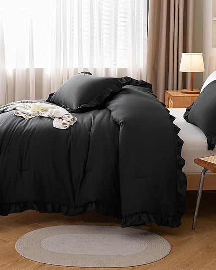 JANZAA Black Comforter Set Twin Comforter Set Ruffled Comforter Set Soft Twin Size Bed Set Vintage Farmhouse Bed Comforter Set Shabby Fluffy Bedding (1 Solid Color Comforter and 1 Pillowcase) - LeafyLoom