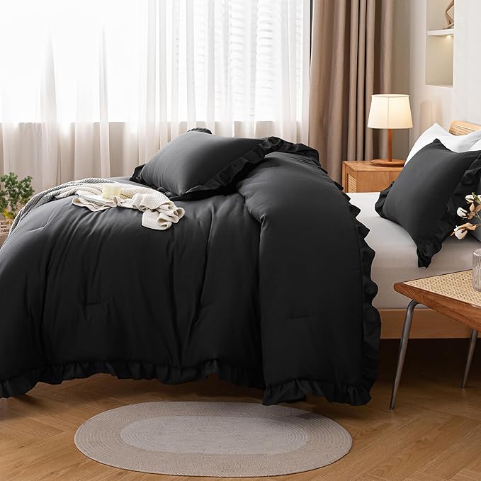 JANZAA Black Comforter Set Twin Comforter Set Ruffled Comforter Set Soft Twin Size Bed Set Vintage Farmhouse Bed Comforter Set Shabby Fluffy Bedding (1 Solid Color Comforter and 1 Pillowcase) - LeafyLoom