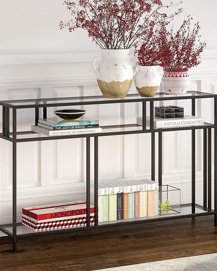 Henn&Hart 48" Wide Rectangular Console Table with Glass Shelves in Brass, Entryway Table, Accent Table for Living Room, Hallway - LeafyLoom