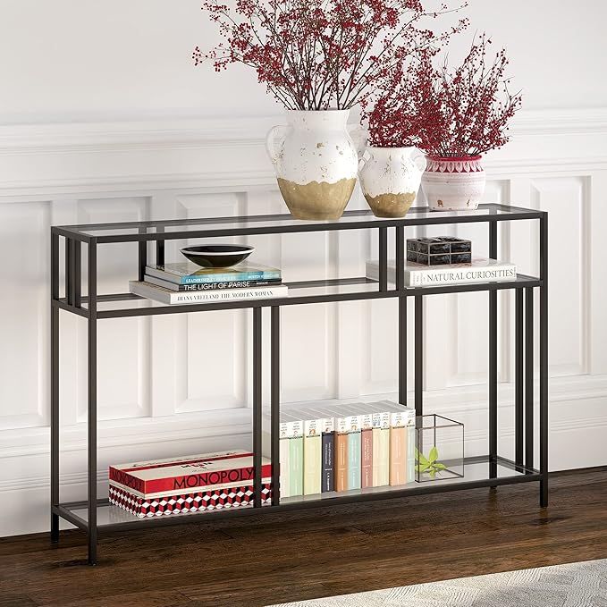 Henn&Hart 48" Wide Rectangular Console Table with Glass Shelves in Brass, Entryway Table, Accent Table for Living Room, Hallway - LeafyLoom