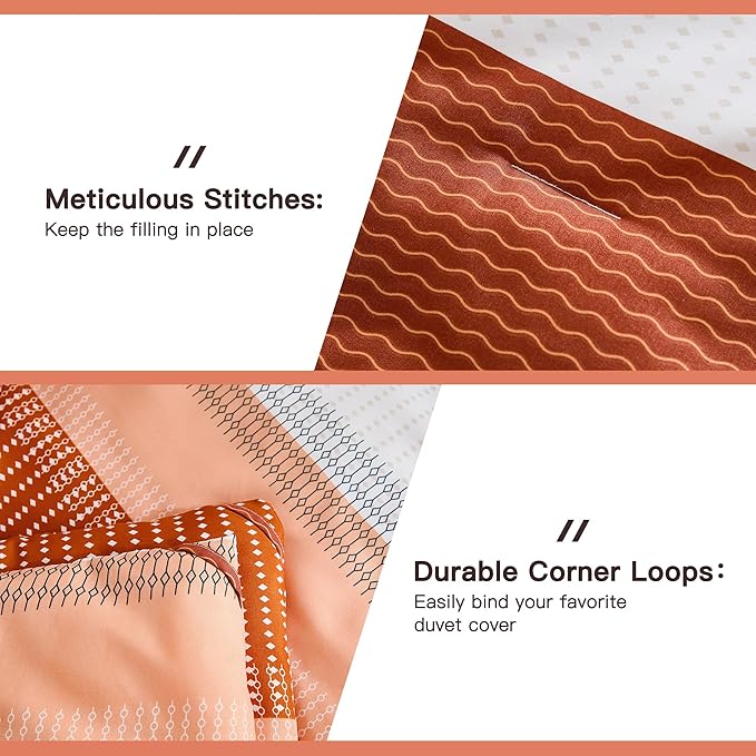 Litanika Burnt Orange King Bed Comforter Set, 3 Pieces Boho Terracotta Stripe Colorblock Bedding Comforter Set, Rust Fluffy Bed Set (104x90In Comforter & 2 Pillowcases) - LeafyLoom
