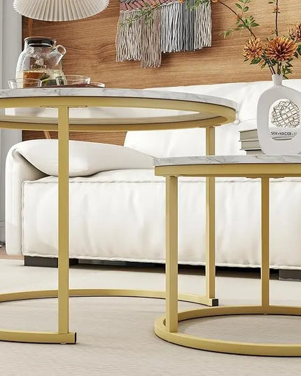 Round Coffee Table Set of 2 End Tables for Living Room,Circular and Marble Nesting Coffee Table Wooden Accent Furniture with Golden Metal Frame,Stacking Side Tables,White - LeafyLoom