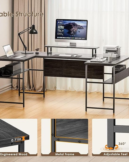 79” U Shaped Desk with Power Outlets, Reversible L Shaped Gaming Desk with Storage Shelves, Large Corner Computer Desk with Monitor Stand, 2 Person Desk for Home Office, Grey Black - LeafyLoom