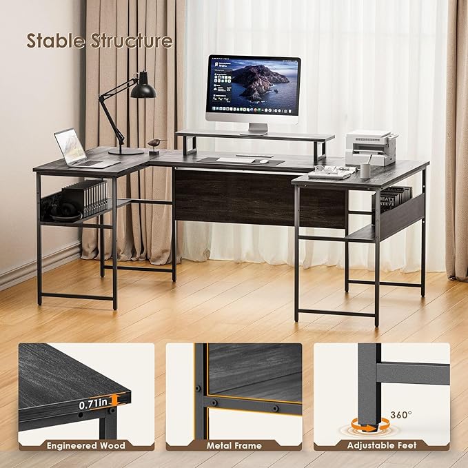 79” U Shaped Desk with Power Outlets, Reversible L Shaped Gaming Desk with Storage Shelves, Large Corner Computer Desk with Monitor Stand, 2 Person Desk for Home Office, Grey Black - LeafyLoom
