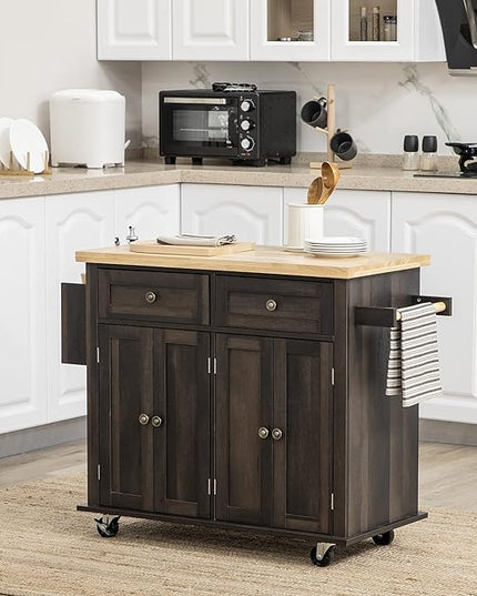 HOMCOM Kitchen Island on Wheels, Rolling Cart with Rubberwood Top, Spice Rack, Towel Rack and Drawers for Dining Room, Brown Oak - LeafyLoom