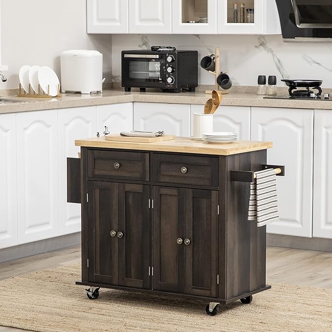 HOMCOM Kitchen Island on Wheels, Rolling Cart with Rubberwood Top, Spice Rack, Towel Rack and Drawers for Dining Room, Brown Oak - LeafyLoom