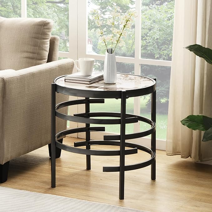 Round Coffee Table Coffee Tables for Living Room Sintered Stone Marble Top Sturdy Metal Frame (Grey, 20.67 inches) - LeafyLoom