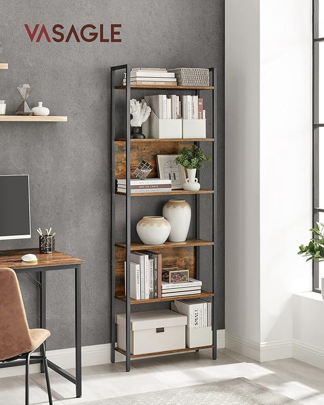 VASAGLE 6-Tier Bookshelf, Book Shelf, Industrial Bookcase, with Steel Frame, for Living Room, Home Office, Bedroom, 9.4 x 23.6 x 73.2 Inches, Rustic Brown and Black ULLS113B01 - LeafyLoom