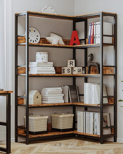 IRONCK Industrial Bookshelves 5 Tiers Corner Bookcases with Baffles Etagere Shelf Storage Rack with Metal Frame for Living Room Home Office - LeafyLoom