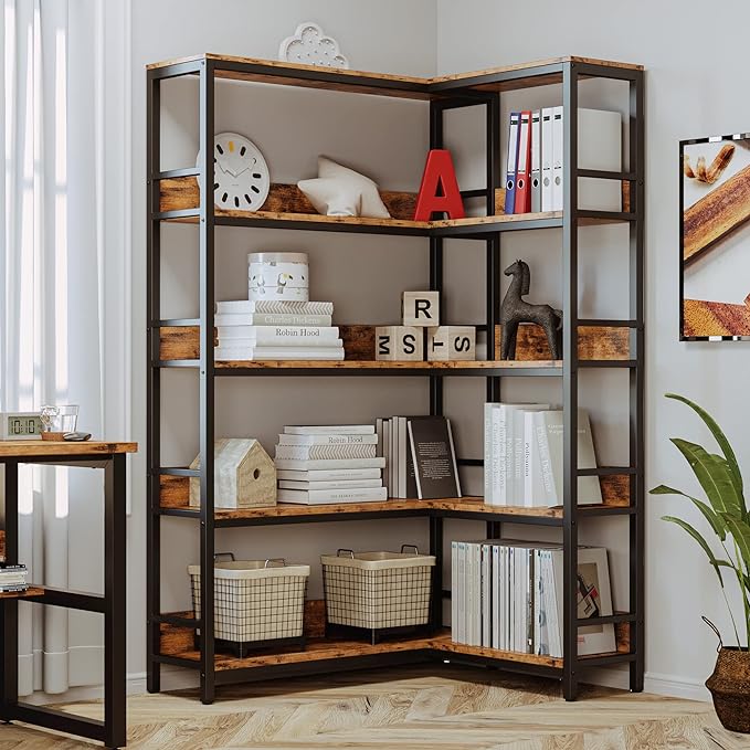 IRONCK Industrial Bookshelves 5 Tiers Corner Bookcases with Baffles Etagere Shelf Storage Rack with Metal Frame for Living Room Home Office - LeafyLoom