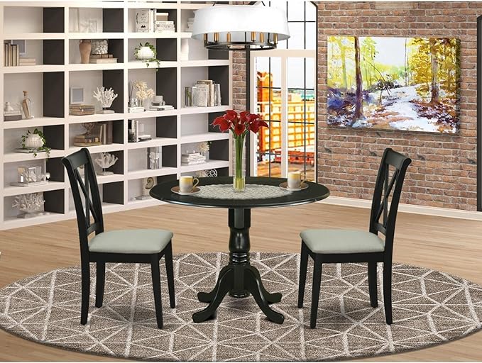 East West Furniture DLCL3-BLK-C Dublin 3 Piece Modern Set Contains a Round Wooden Table with Dropleaf and 2 Linen Fabric Upholstered Dining Chairs, 42x42 Inch, Black - LeafyLoom