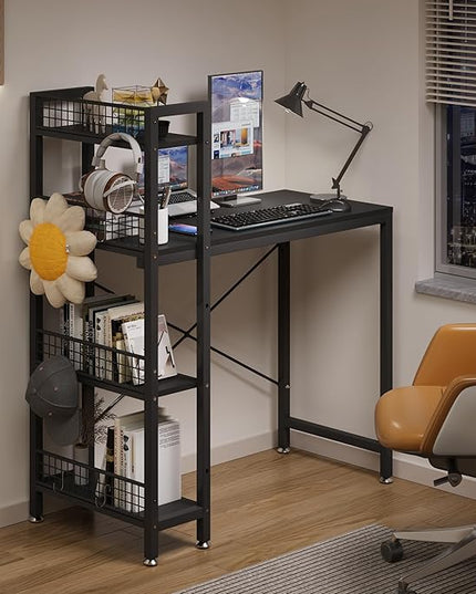 4NM 35" Small Computer Desk with 4-Tier Bookshelf and 8 Hooks, Home Office Desk Writing Workstation Study Table for Small Space Work - All Black - LeafyLoom
