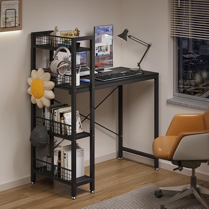 4NM 35" Small Computer Desk with 4-Tier Bookshelf and 8 Hooks, Home Office Desk Writing Workstation Study Table for Small Space Work - All Black - LeafyLoom