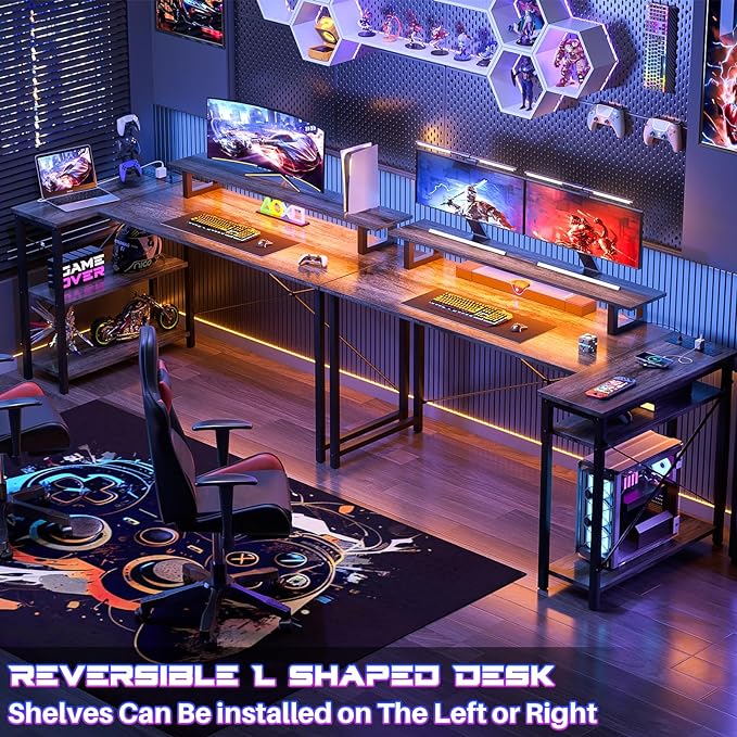 Homieasy L Shaped Gaming Desk with Power Outlet & LED Light, 55 Inch Computer Desk with Storage Shelves, Reversible Corner Desk with Monitor Stand Headset Hooks for Home Office, Black Oak - LeafyLoom