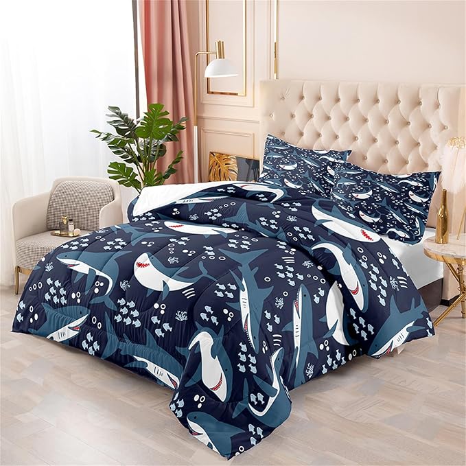 Shark Comforter Set for Bedroom - 3Pcs Boys Shark Bedding Set for Bedroom Cute Cartoon Shark Comforter Set for Kids Sea Animals Theme Boys Room Decor with 1 Comforter + 2 Pillowcases, Queen Size - LeafyLoom