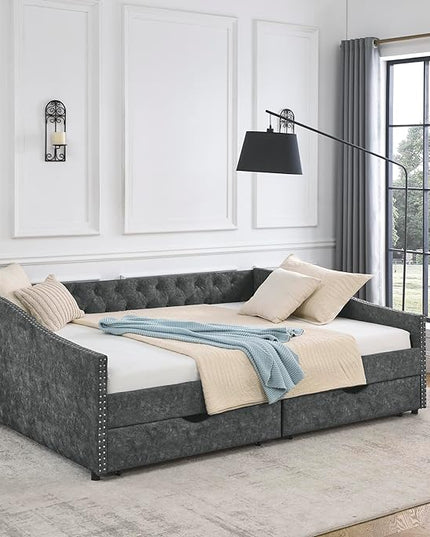 RITSU Modern Queen Size Daybed with Drawers Upholstered Sofa Bed, Tufted Buttons On Back, Wooden Frame， Copper Nail On Waved Shape Arms, for Bedroom, Living Room, Grey, 84.50 - LeafyLoom