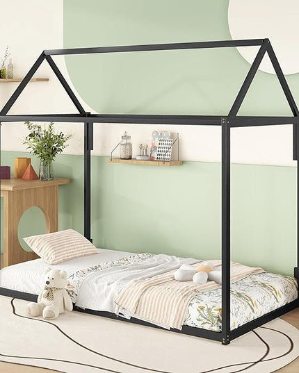 Metal Twin Size Montessori Floor Bed for Kids,Floor Bed Twin,House Bed with Slats for Boys Girls,Metal House Shape Platform Bed,No Spring Box Required,Black - LeafyLoom
