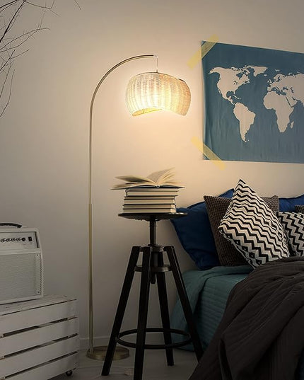 Brightech Wave Arched Floor Lamp – Unique Hanging Wicker Shade for Living Rooms – Rattan Style Matches Boho and Other Décor – Arcs Over Sofas and Dining Tables for Compliments - Brass - LeafyLoom