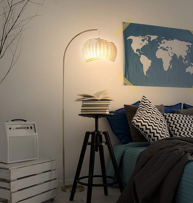 Brightech Wave Arched Floor Lamp – Unique Hanging Wicker Shade for Living Rooms – Rattan Style Matches Boho and Other Décor – Arcs Over Sofas and Dining Tables for Compliments - Brass - LeafyLoom