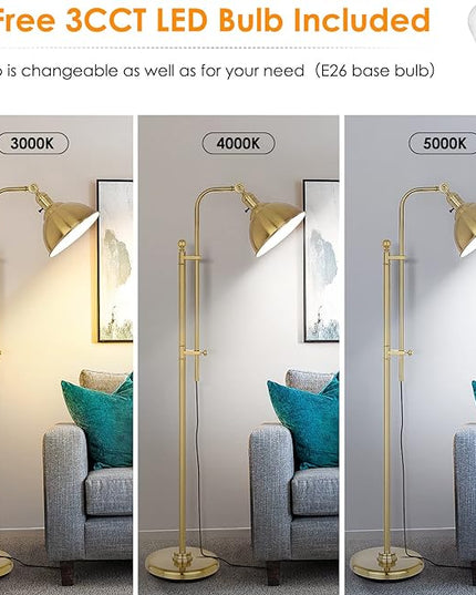 Gold Floor Lamp, 3 Color Temperature Standing Tall Pole Lamps, Adjustable Height & Head Reading Lamp, Industrial Floor lamps for Living Room, Bedroom, Office - LeafyLoom