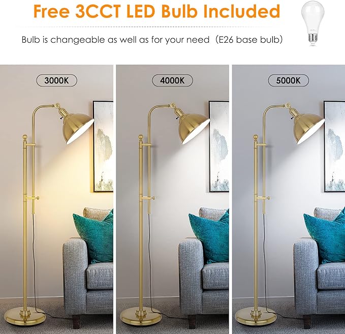 Gold Floor Lamp, 3 Color Temperature Standing Tall Pole Lamps, Adjustable Height & Head Reading Lamp, Industrial Floor lamps for Living Room, Bedroom, Office - LeafyLoom