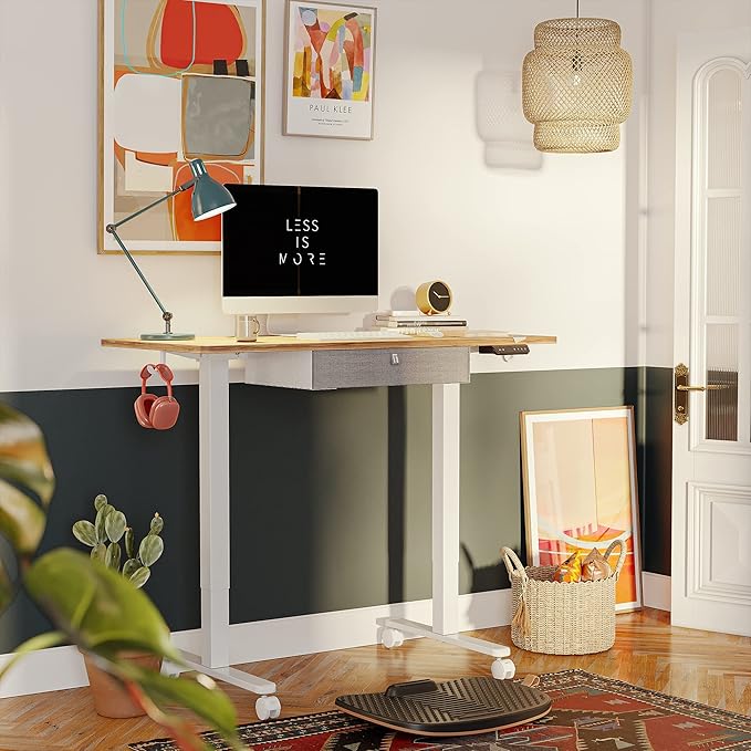 FEZIBO 40 x 24 Inches Standing Desk with Drawer, Adjustable Height Electric Stand up Desk with Storage, Sit Stand Home Office Desk, Ergonomic Computer Desk, Light Rustic - LeafyLoom