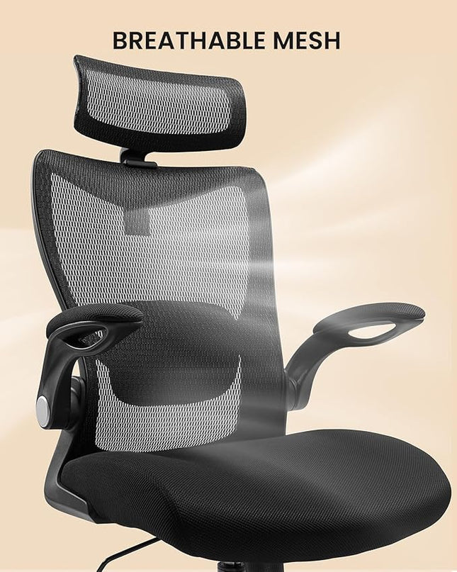 ErGear Ergonomic Desk Chair, Home Office Desk Chairs with Adjustable Headrest and Lumbar Support, Mesh Office Chair with Flip-Up Armrestst, Swivel Task Chair for Home Office, Black - LeafyLoom